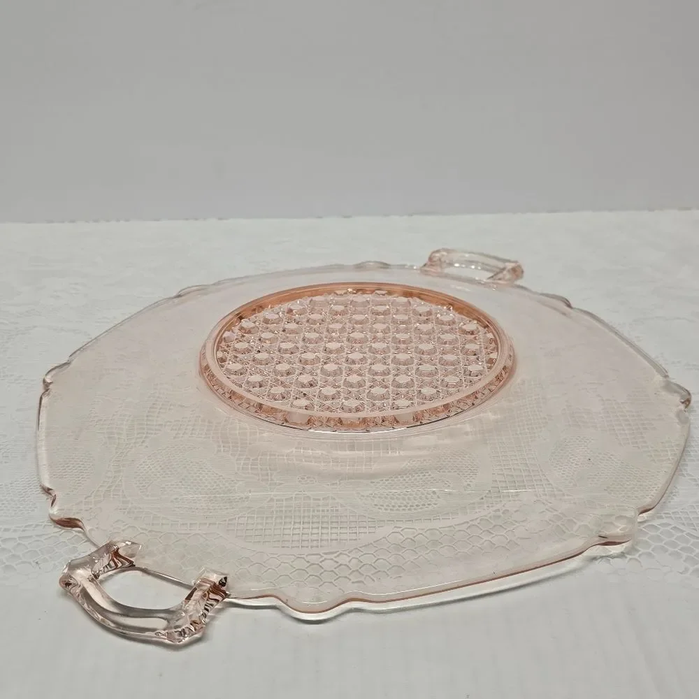 Vintage Lancaster Pink Depression Glass Landrum Cane Center Handled Platter Tray